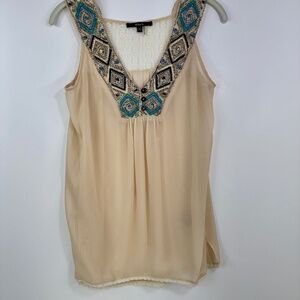 Black XS Boho Embroidered Tank Top Beaded V Neck Cream Sleeveless Blouse